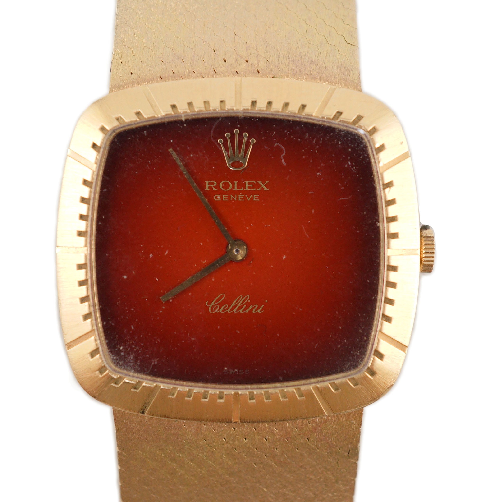 A gentleman's 1970's 18ct gold Rolex Cellini manual wind wrist watch, on an integral brushed gold bracelet